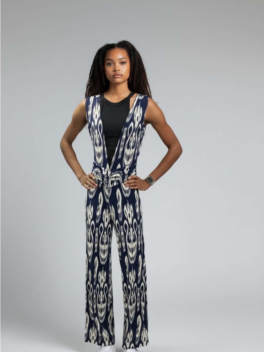 Women’s Navy Blue Patterned Sleeveless Jumpsuit